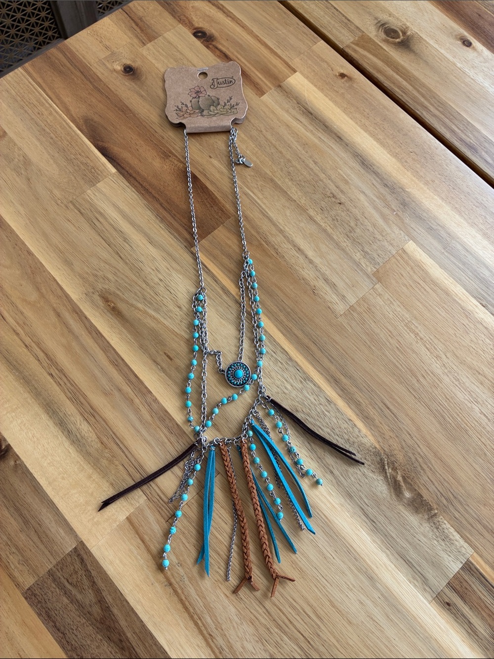 Cowgirl NWT Justin Western Boho Turquoise Beaded Fringe Statement Necklac - Picture 4 of 5